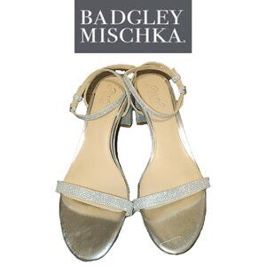JEWEL BADGLEY MISCHKA Danni II Block Heel Evening Sandals NWT SILVER FABRIC 10M